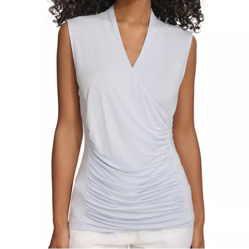 Calvin Klein Women's Solid Ruched-Front V-Neck Sleeveless Blouse Soft Blue Large